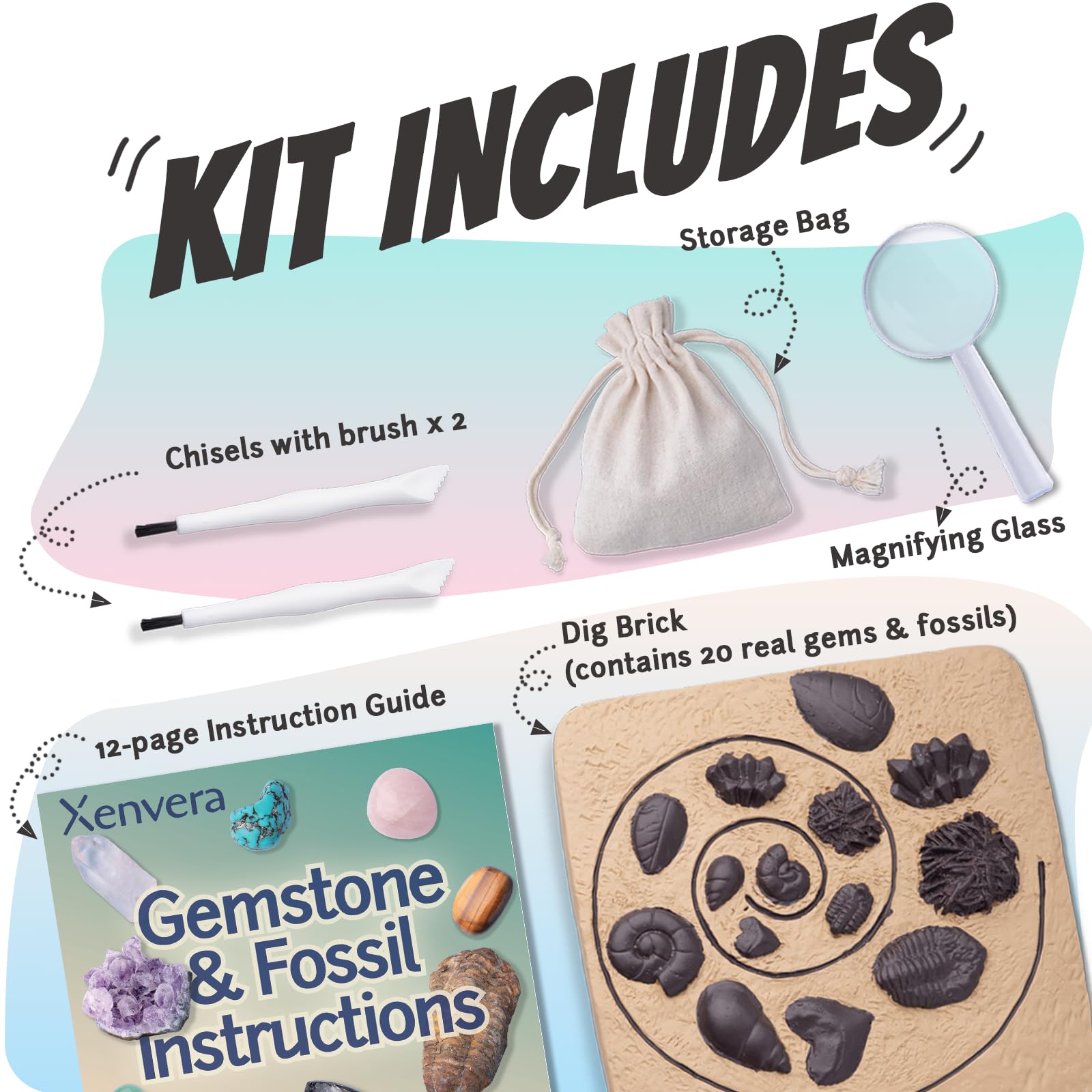 Xenvera Gemstone and Fossil Dig Kit - Excavate 10 Gems and 10 Fossils, STEM Geology Set, Educational Toy, Science Kit for Kids Ages 8+