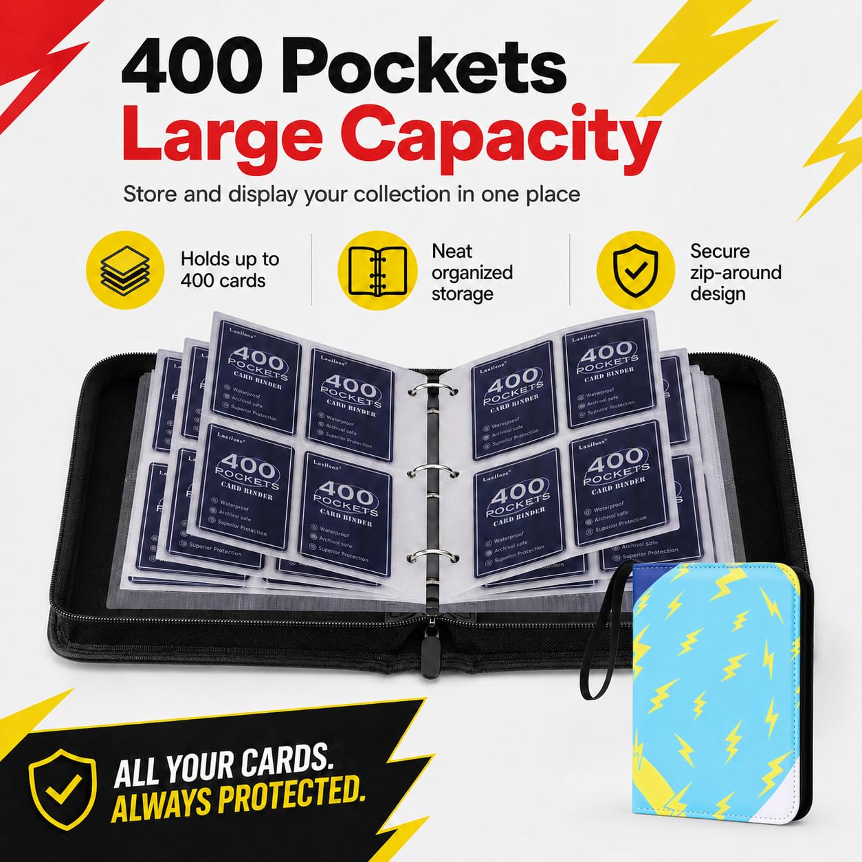 Trading Card Binder 4-Pocket with Zipper, 400 Pockets 3 Ring Card Holder Album with 50 Removable Pages, Acid-Free PVC-Free Pages, Portable Card