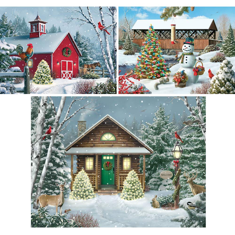 Bits and Pieces Set of Three 300 Piece Jigsaw Puzzles for Adults Christmas Holiday Snowman Jigsaw Puzzles Large Pieces 18" x 24" No 2 Pieces Alike