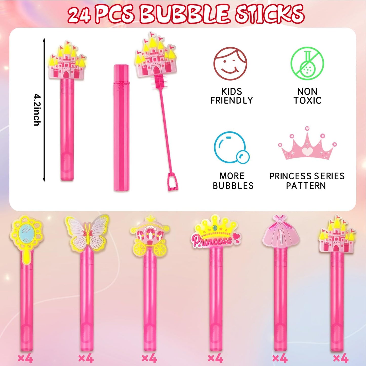 24PCS Glitter Princess Bubble Wands,Princess Birthday Party Supplies Prizes Castle Party Supplies Mini Bubbles Birthday,Goodie Bag Stuffers