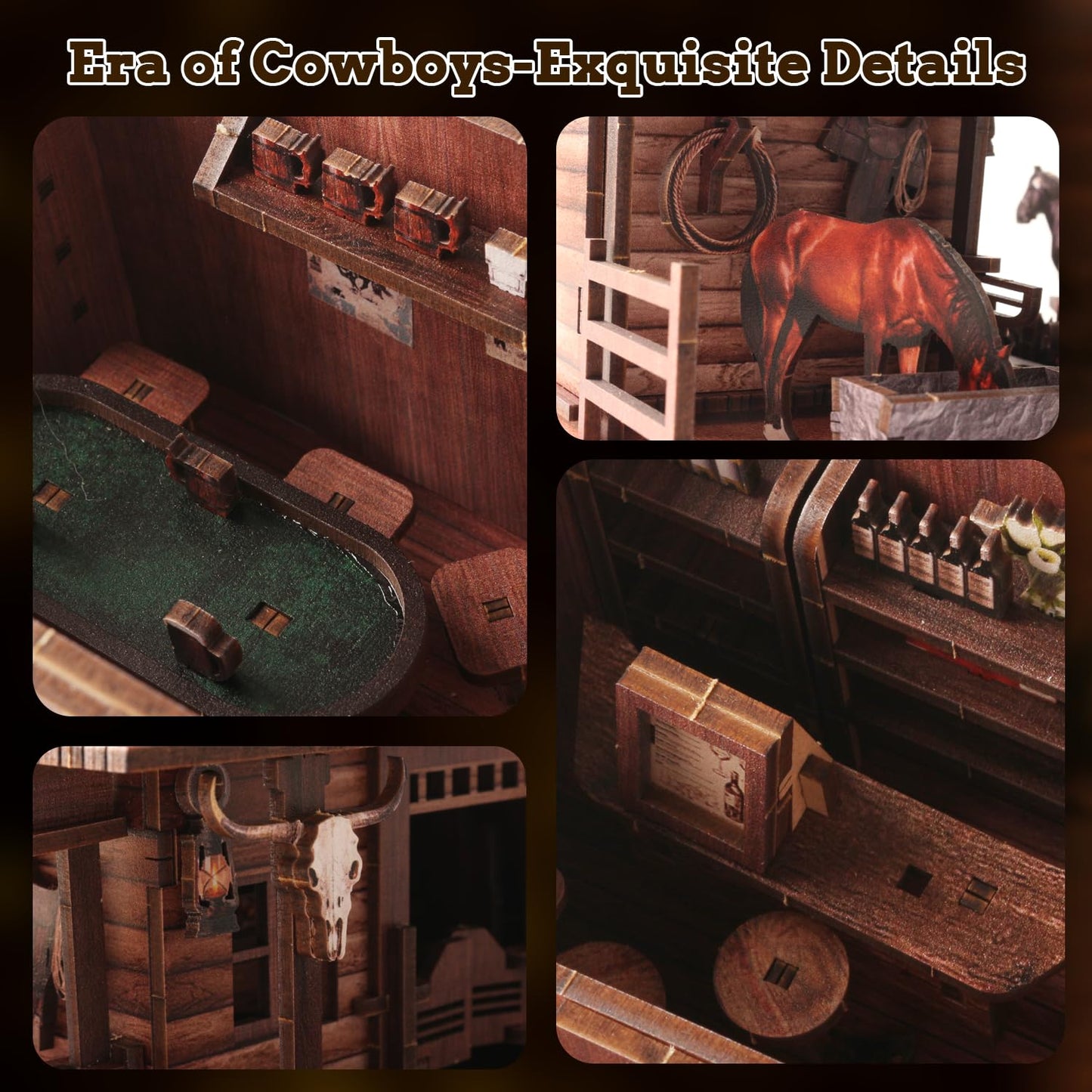 Benlarky 3D Wooden Puzzle for Adults Western Saloon Miniature House Kit, 450 PCS DIY Bookshelf Decor, Wild West Book Nook Building Kit Wood Craft
