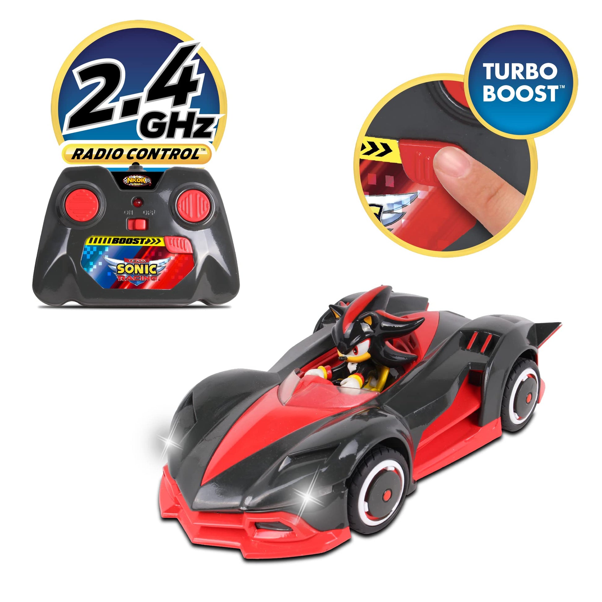 NKOK Team Sonic Racing 2.4GHz Radio Control Toy Car with Turbo Boost - Shadow the Hedgehog 602, Red, Turbo Boost Feature, Features Working Lights,