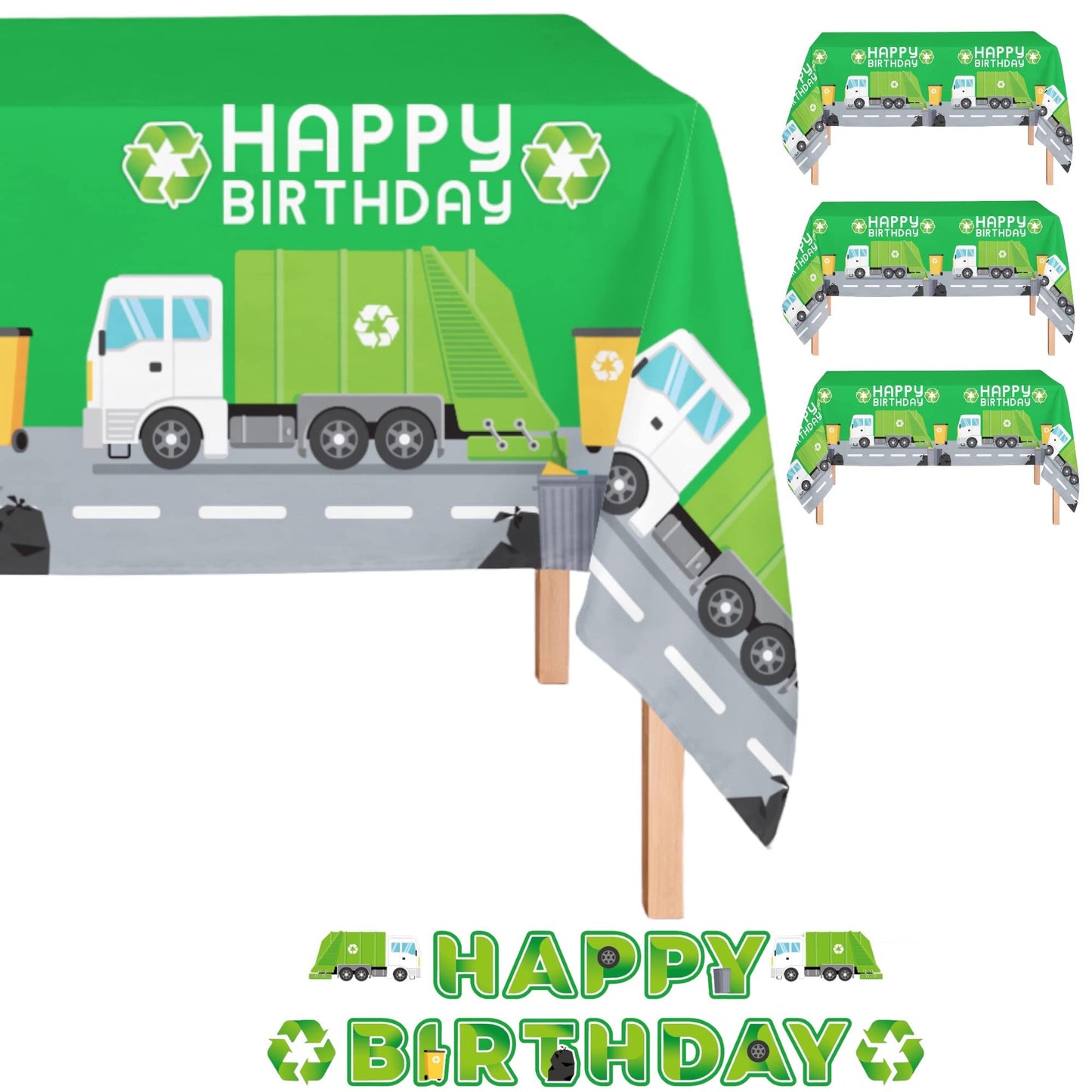 Oojami 3 Pack Table Cover Garbage Truck Theme Tablecloth Large Size 108" x 54" Includes 1 Happy Birthday Banner