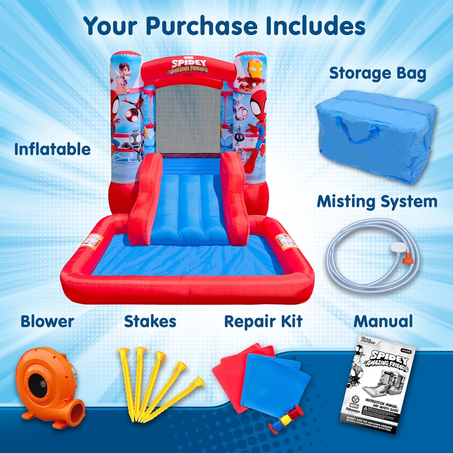 Funormous Spidey & Friends Bounce House Water Slide with Pool & Ball Pit, Inflatable Bouncer for Kids Ages 3-8 with Basketball Hoop, Water Misting