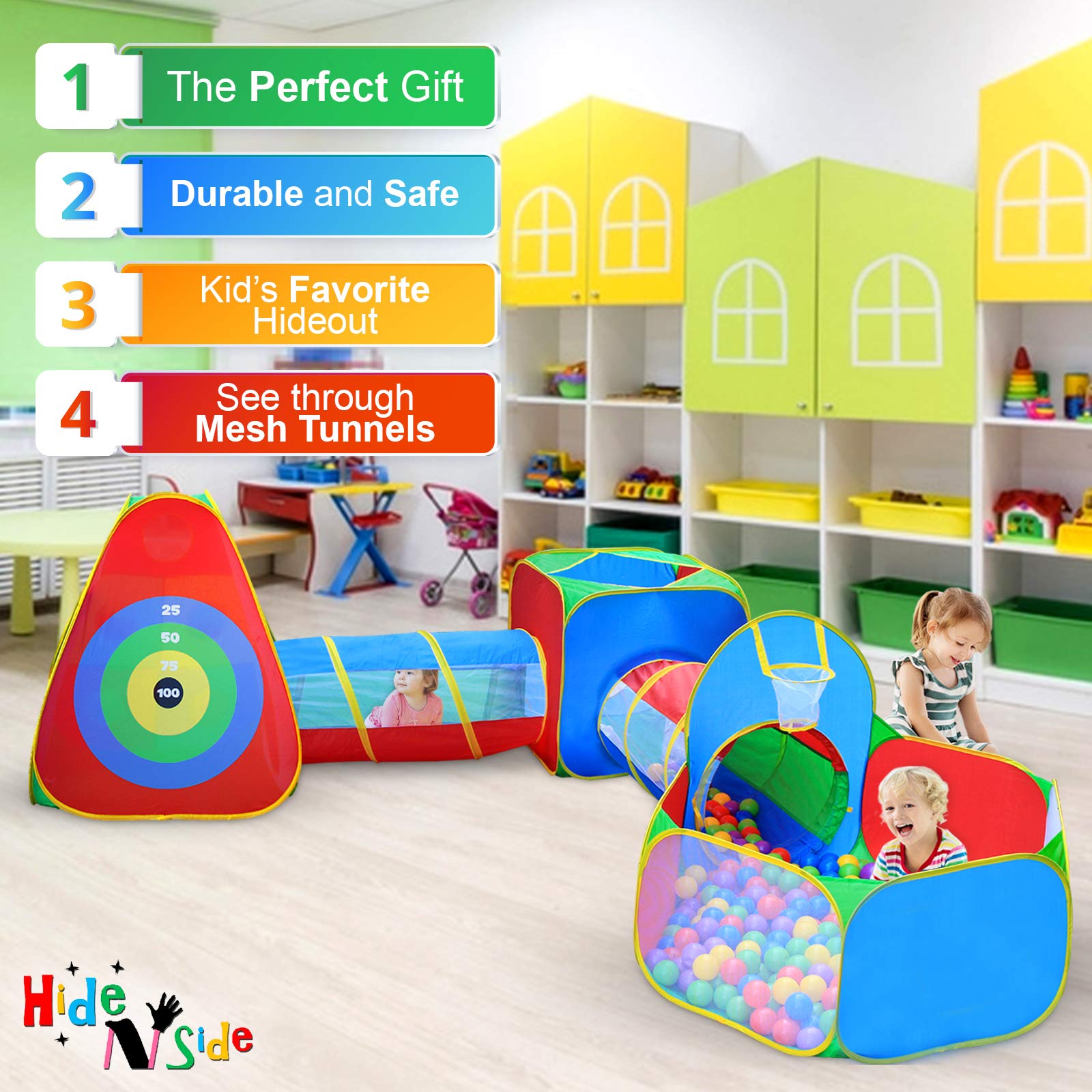 Hide N Side 5pc Kids Ball Pit Tents and Tunnels, Toddler Jungle Gym Play Tent with Play Crawl Tunnel Toy, for Boys Babies Infants Children, Indoor