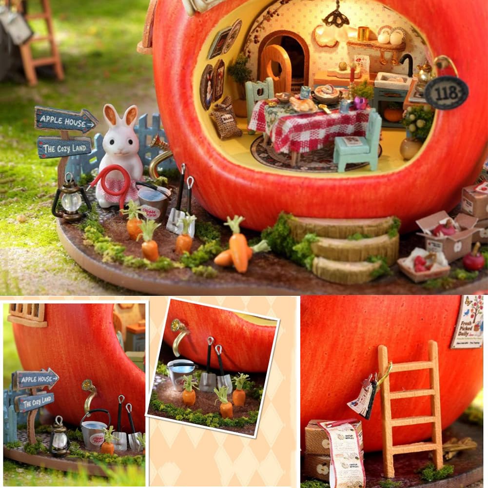 IiecrKiie DIY Miniature Dollhouse Set with Furniture and LED Lighting, Creative Room Handicraft Gift (Apple House)