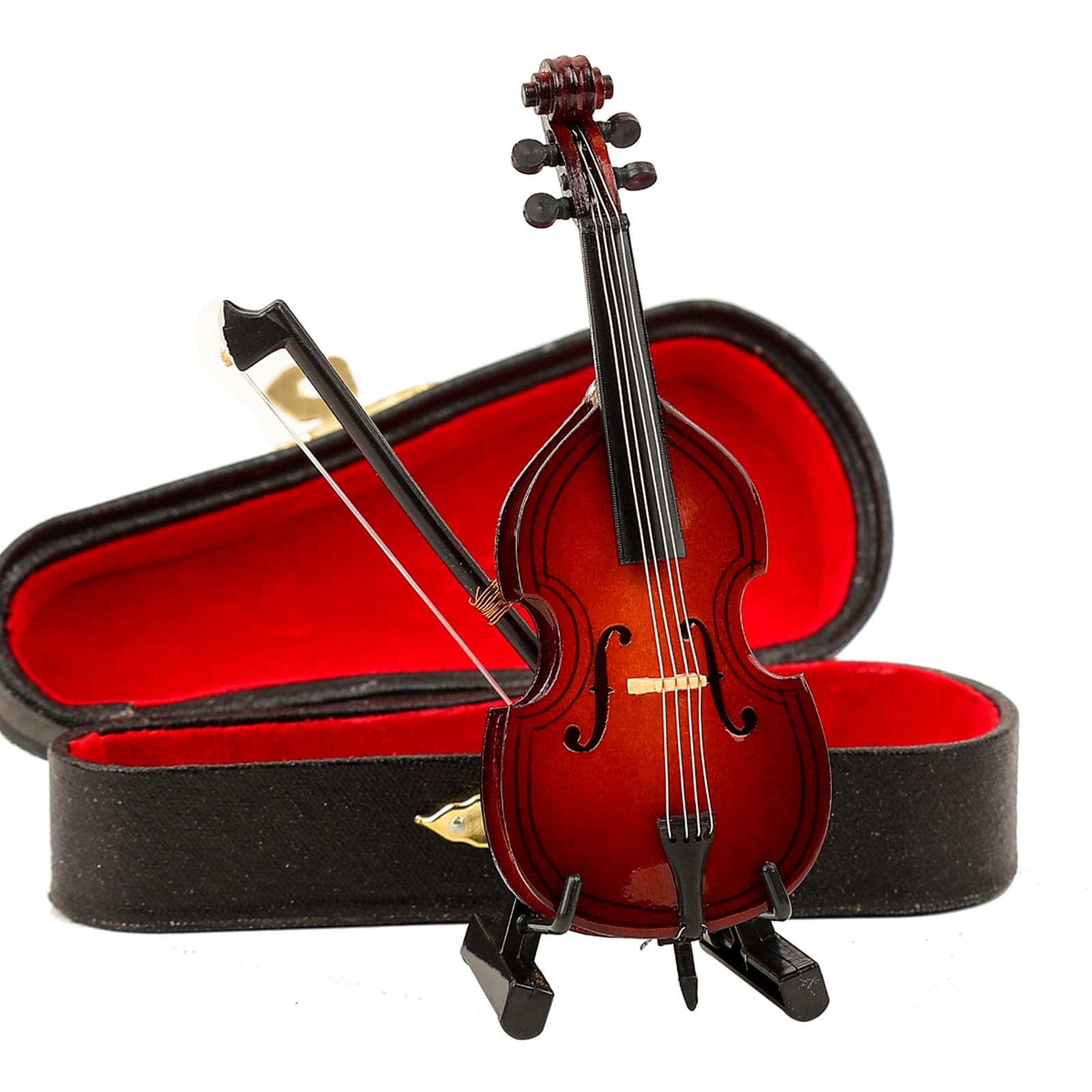 Dselvgvu Wooden Miniature Double Bass with Stand, Bow and Case Mini Musical Instrument Contrabass Replica Collectible Figurines Upright Bass Model