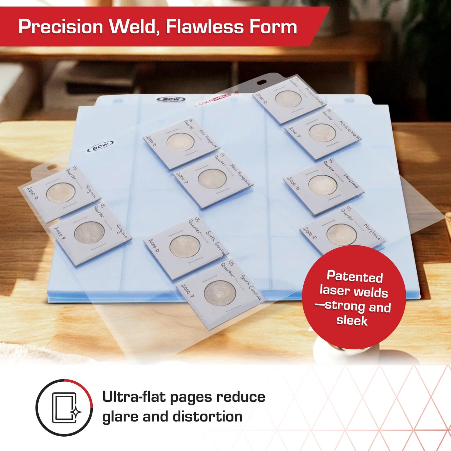 BCW LaserWeld 20-Pocket Coin Pages | 50 Count | Archival Acid-Free 3-Ring Binder Pages for Coins, Cards & Slides | Strong, Flat Laser-Welded Seams