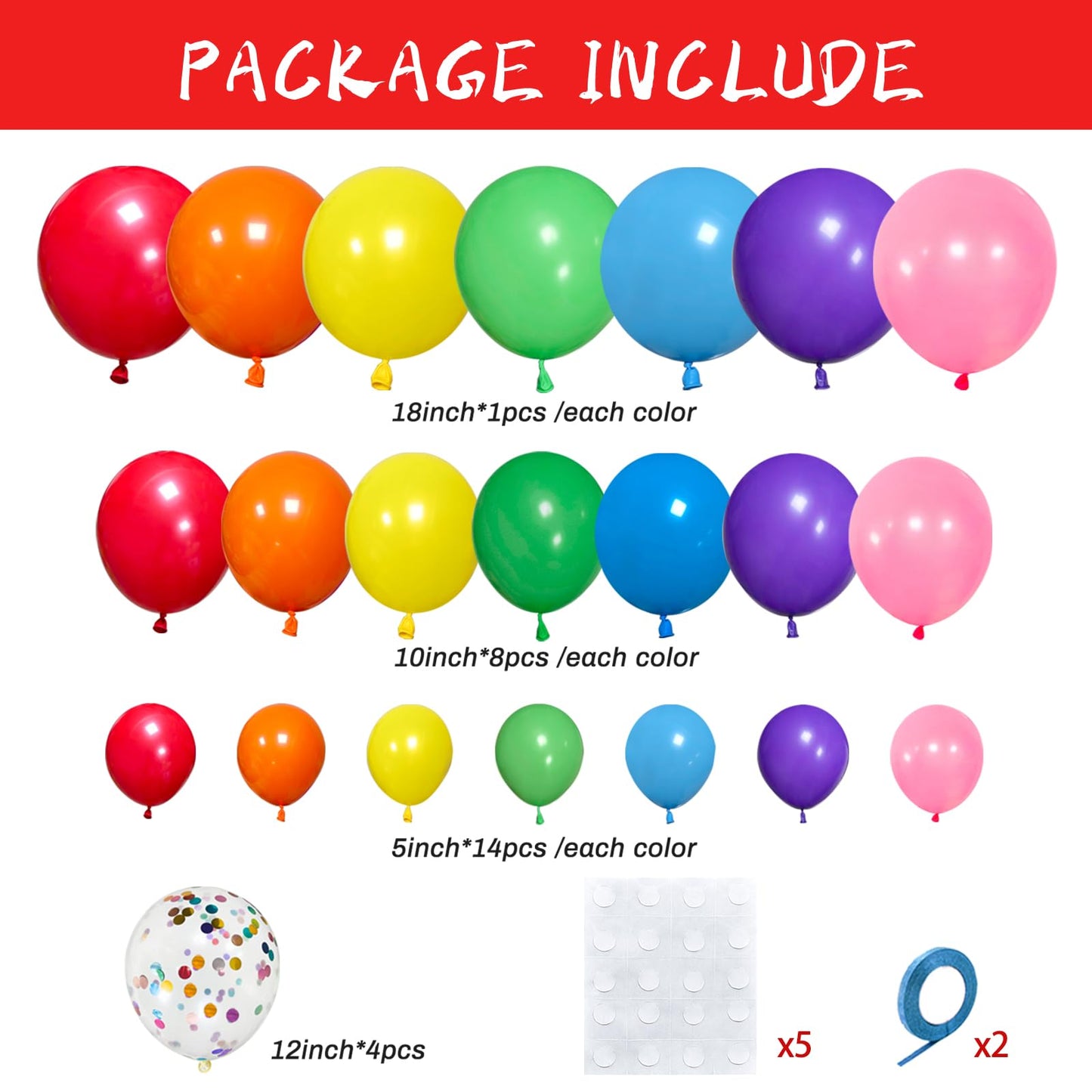 162 Pcs Rainbow Garland Balloon Kit mixed size 18 10 5 Inch Rainbow arch balloon kit for Birthday Baby Shower Wedding.