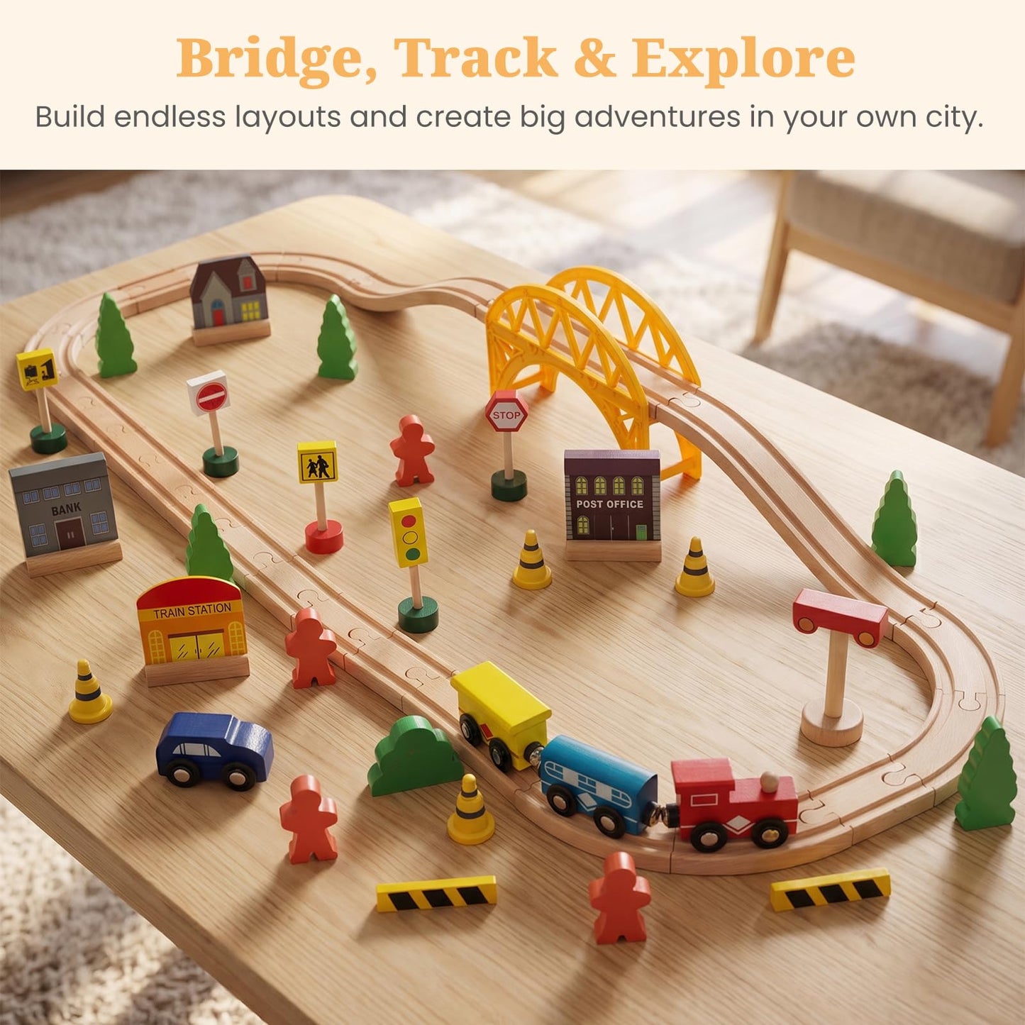 60Pcs Train Set for 3 Year Old Boys, Double-Side Wooden Train Set Tracks for Toddlers, Fits Brio, Thomas, Melissa and Doug, Kids Wood Train Toys for 3
