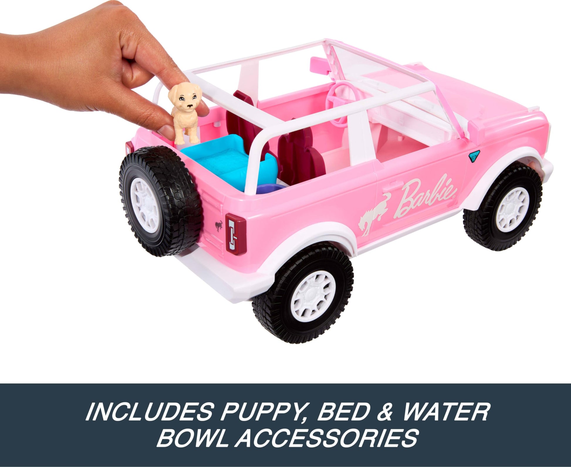 Hot Wheels RC Barbie Ford Bronco Remote-Control Toy Car, RC Vehicle with Puppy Accessory, Dog Bed & Bowl, Plus Stickers for Customization, Fits 2