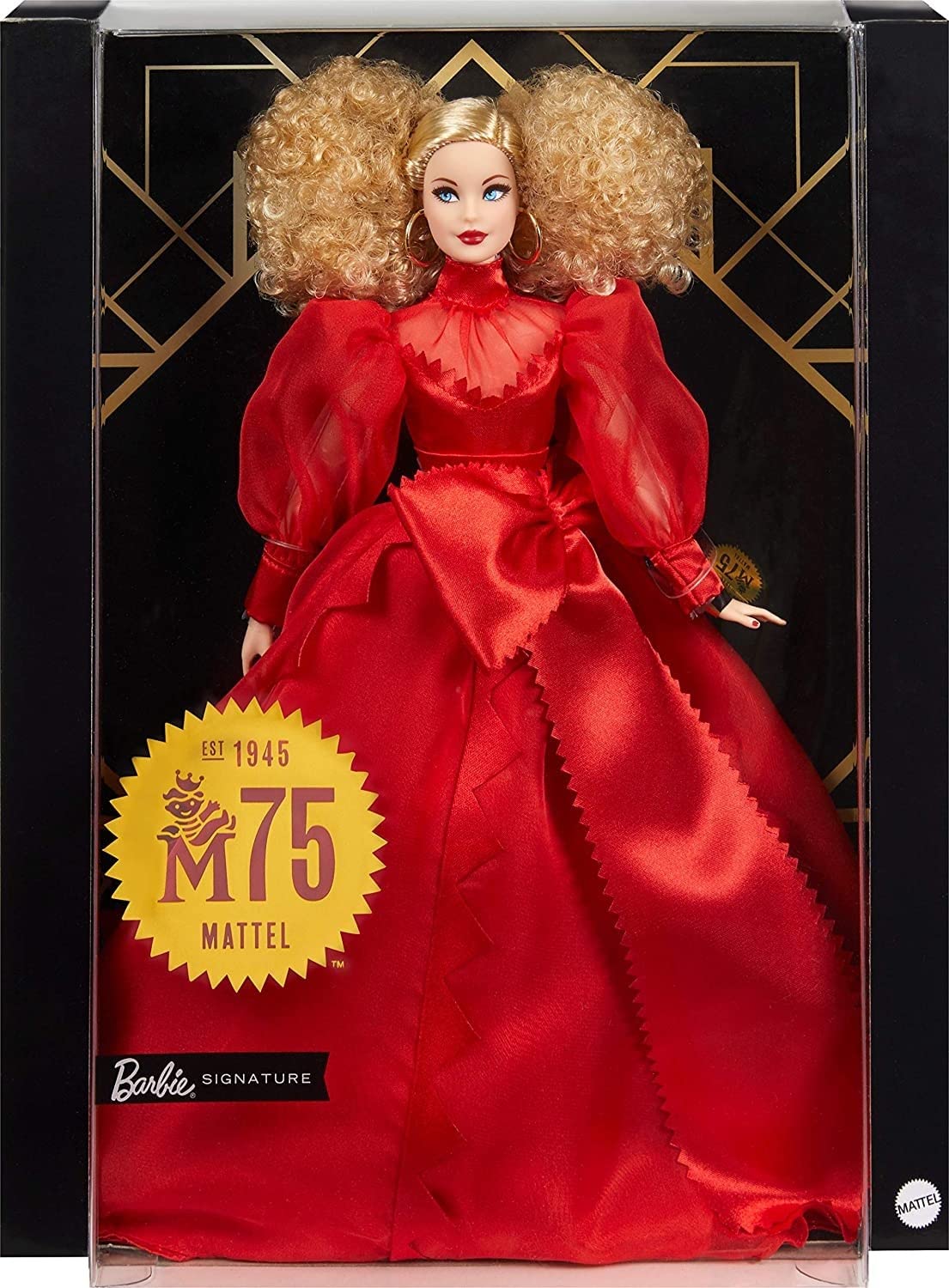 Barbie Collector Mattel 75th Anniversary Doll (12-in Blonde Curly Hair) in Red Chiffon Gown, with Doll Stand and Certificate of Authenticity