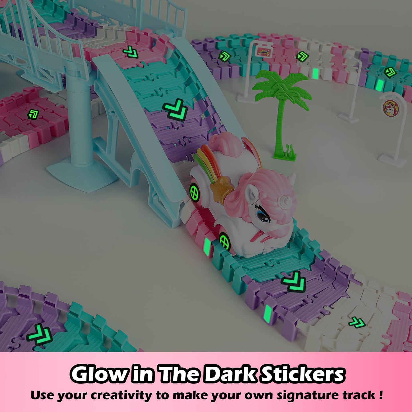 268 PCS Unicorn Race Tracks for Kids Toys, Glow in The Dark Magic Toy Set, 2 Unicorn Cars Track, Flexible DIY Track Set, Birthday Gift for Age 3-9