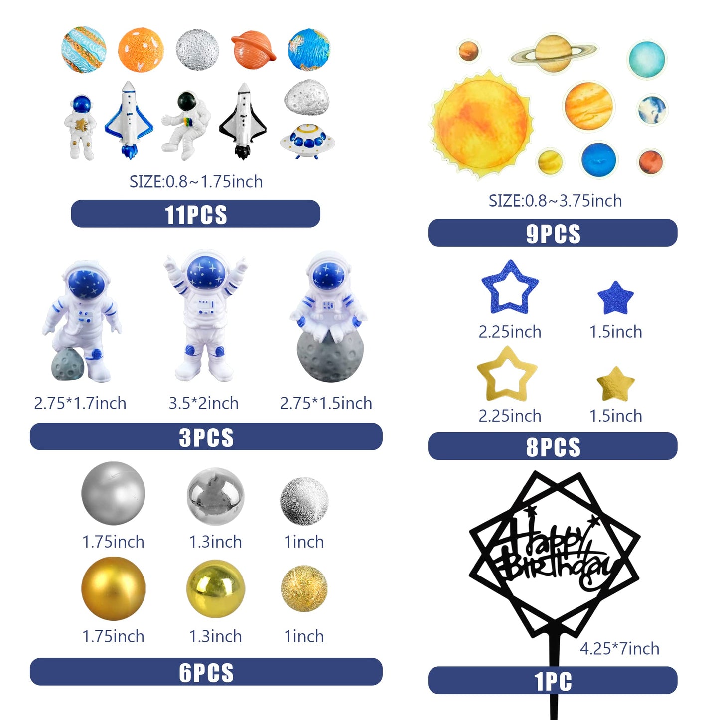 40PCS Astronaut Cake Toppers - Outer Space Astronaut Figurine Meteorite Planet Rocket Stars and Gold Silver Ball Space Theme Cake Decorations