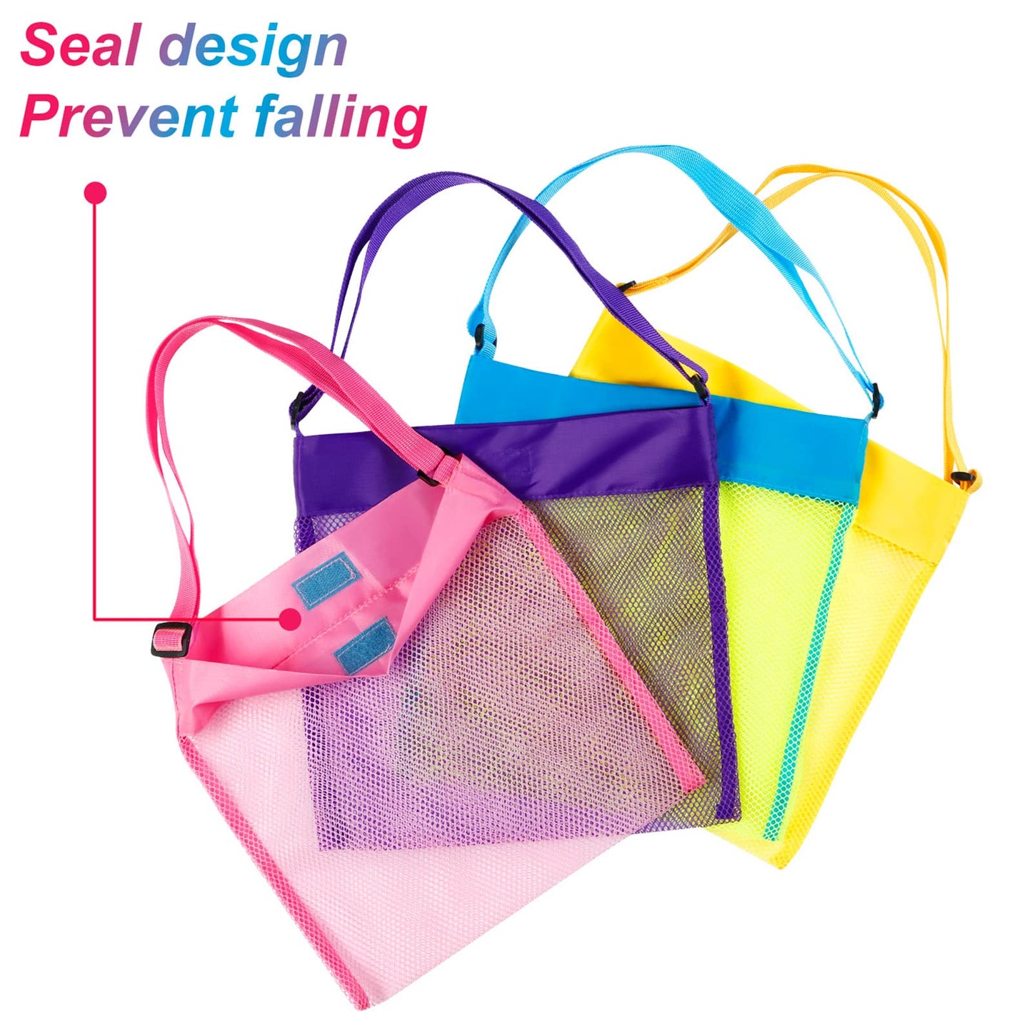 meekoo 8 Pcs 11.4 x 13.8 inch Colorful Mesh Beach Bags Seashell Collecting Bags with Adjustable Carrying Straps for Beach Shell Treasure Toy Storage