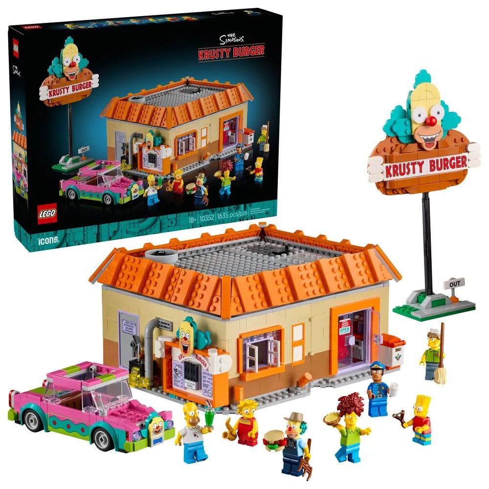 LEGO Icons The Simpsons : Krusty Burger, Home Decor Building Kit for Adults Includes Homer, Bart and Lisa Simpson, Farmer Krusty, Sideshow Bob,