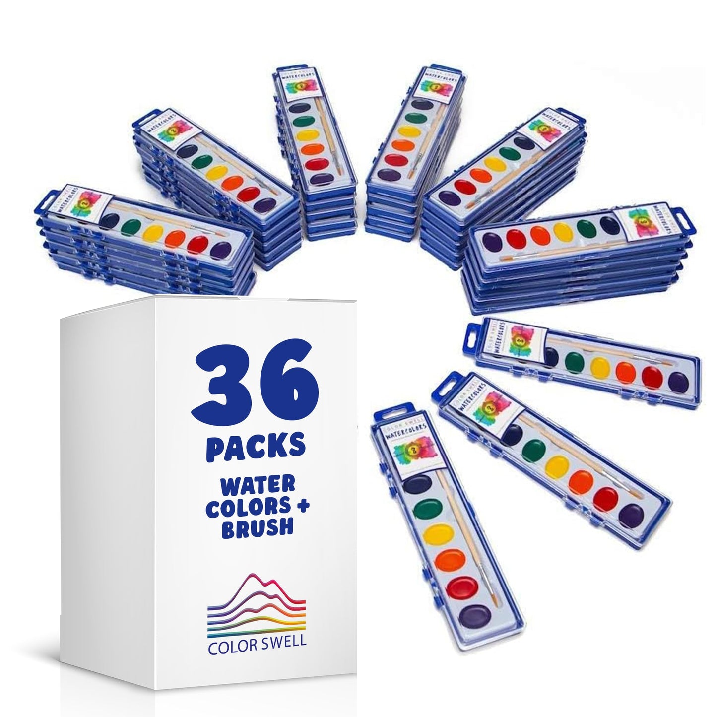 Color Swell Bulk Watercolors Paint Pack with Wood Brushes - 36 Sets with 8 Washable Colors Each - Perfect for Kids, Classrooms, Parties, Students