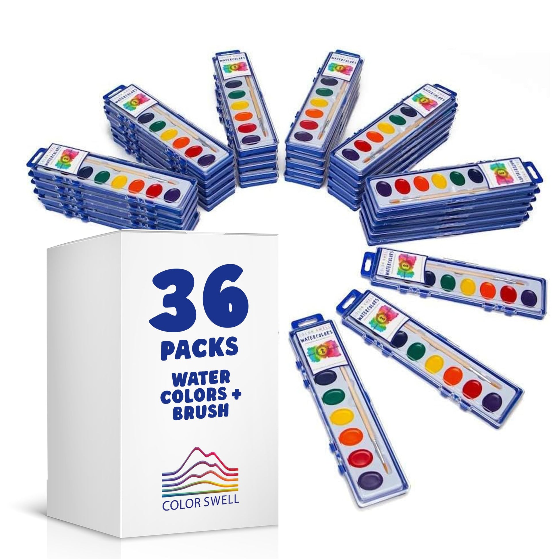 Color Swell Bulk Watercolors Paint Pack with Wood Brushes - 36 Sets with 8 Washable Colors Each - Perfect for Kids, Classrooms, Parties, Students