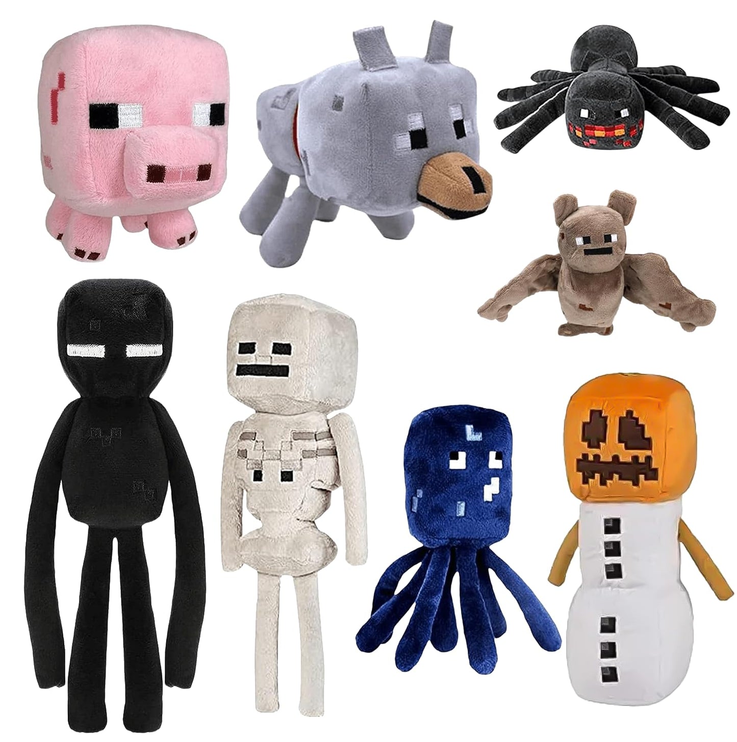 XSLWAN 8Pack Snow Golem Plush, Enderman Plush, Baby Wolf, Baby Pig, Spider, bat, Skeleton Shooter, Squid Stuffed Animals Toys?Great Gift for Children