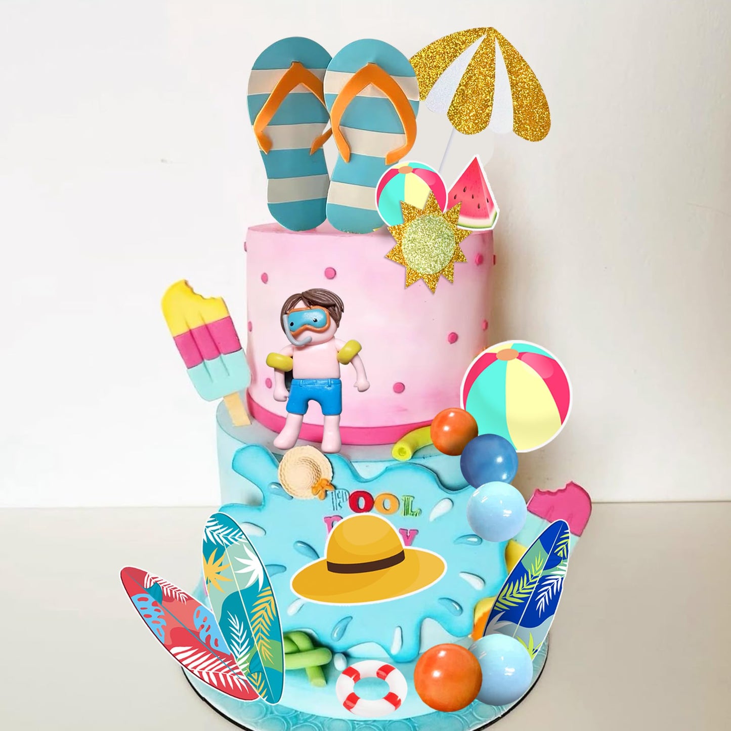21 PCS Beach Cake Topper Summer Hawaiian Cake Decorations with Slipper and Swimmer Clay for Swimming Pool Aloha Birthday