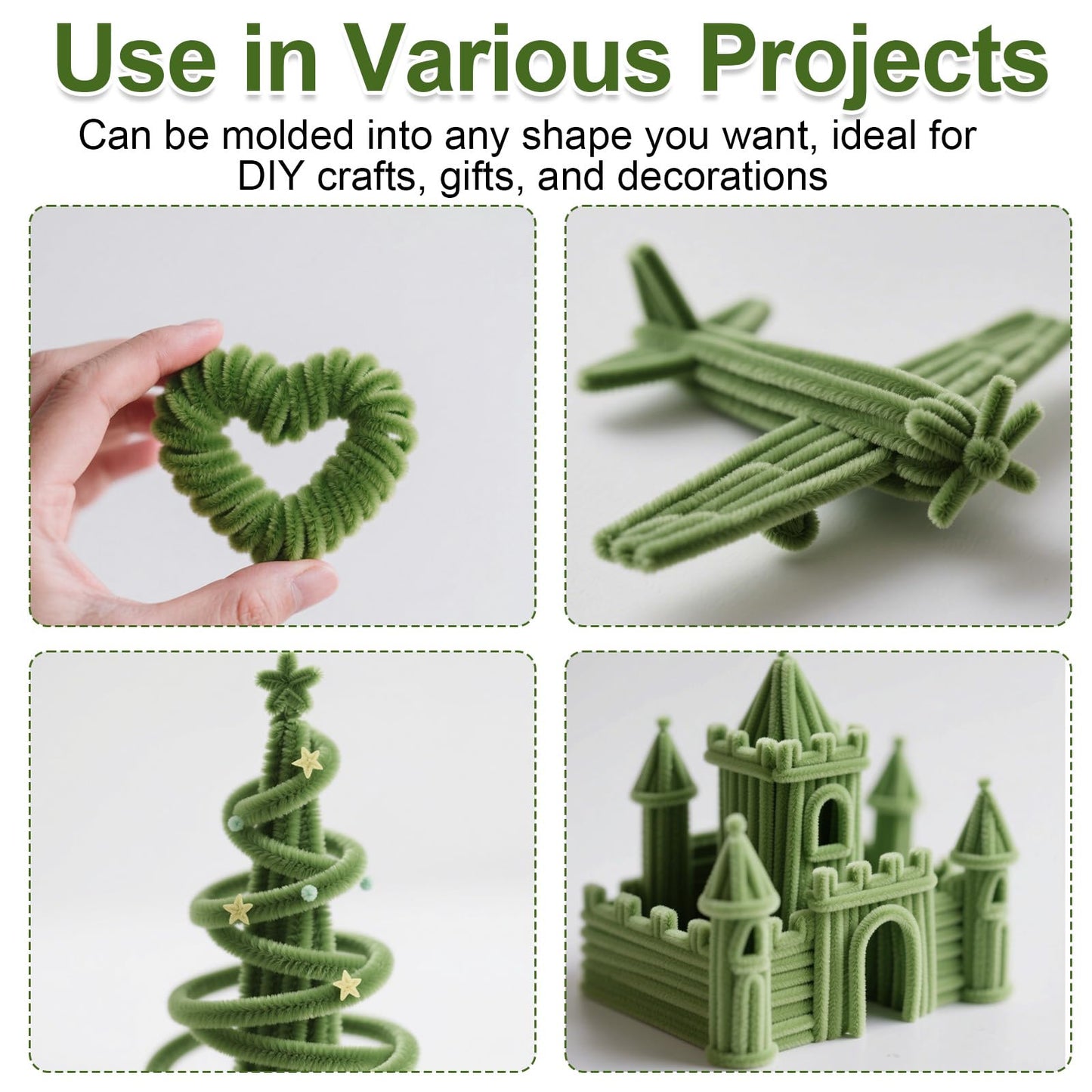 100 Pieces Green Pipe Cleaners, Pastel Pipe Cleaners Craft Supplies Bulk, Fluffy Chenille Stems DIY Handmade Art Project, Creative Crafts for Gift