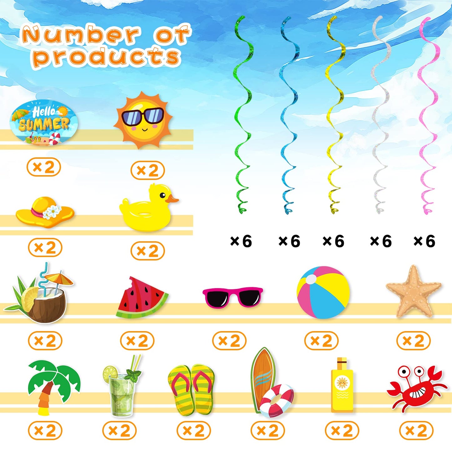 Summer Pool Beach Hanging Swirls Banner Decor 30 Pack Foil Ceiling Hanging Swirls Streams Banner Decorations Garland for Kids Luau Hawaii Celebrating
