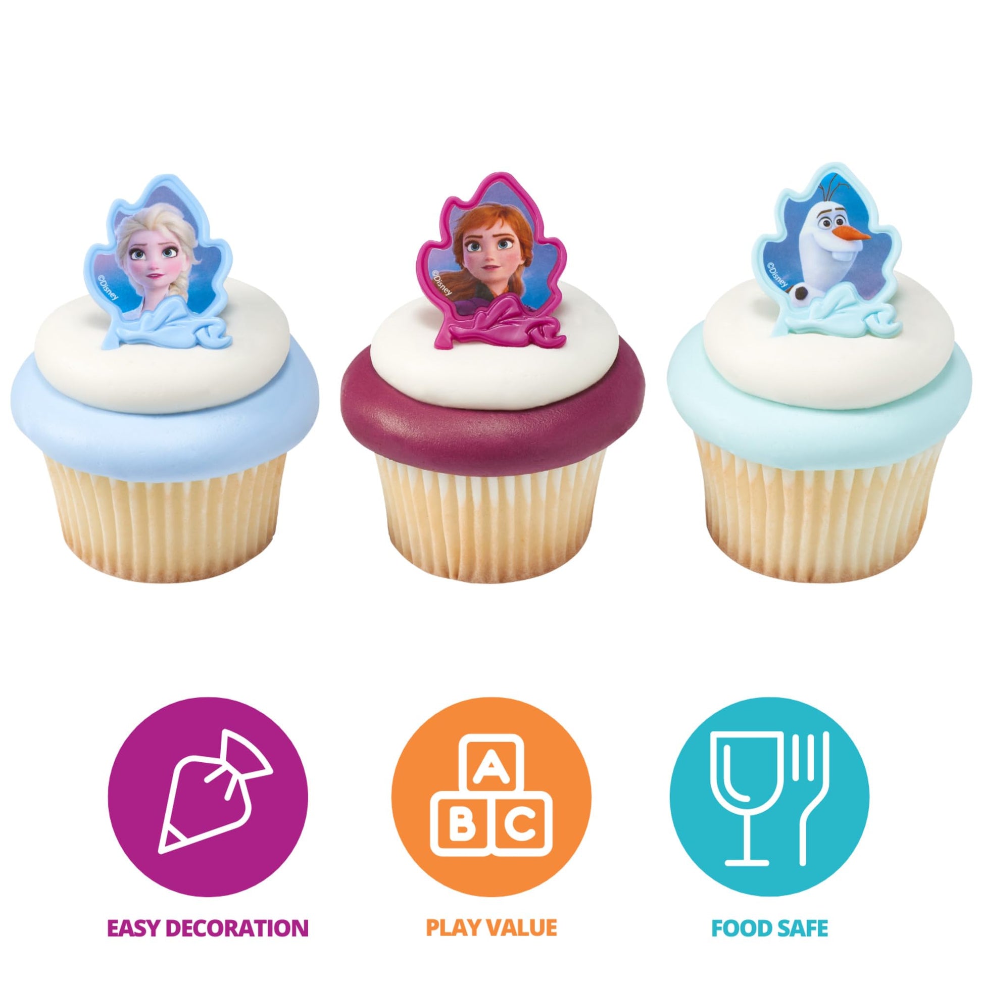 DecoPac Frozen II Rings, Cupcake Decorations Featuring Elsa, Anna, And Olaf For Birthday And Christmas Celebrations - 24 Pack
