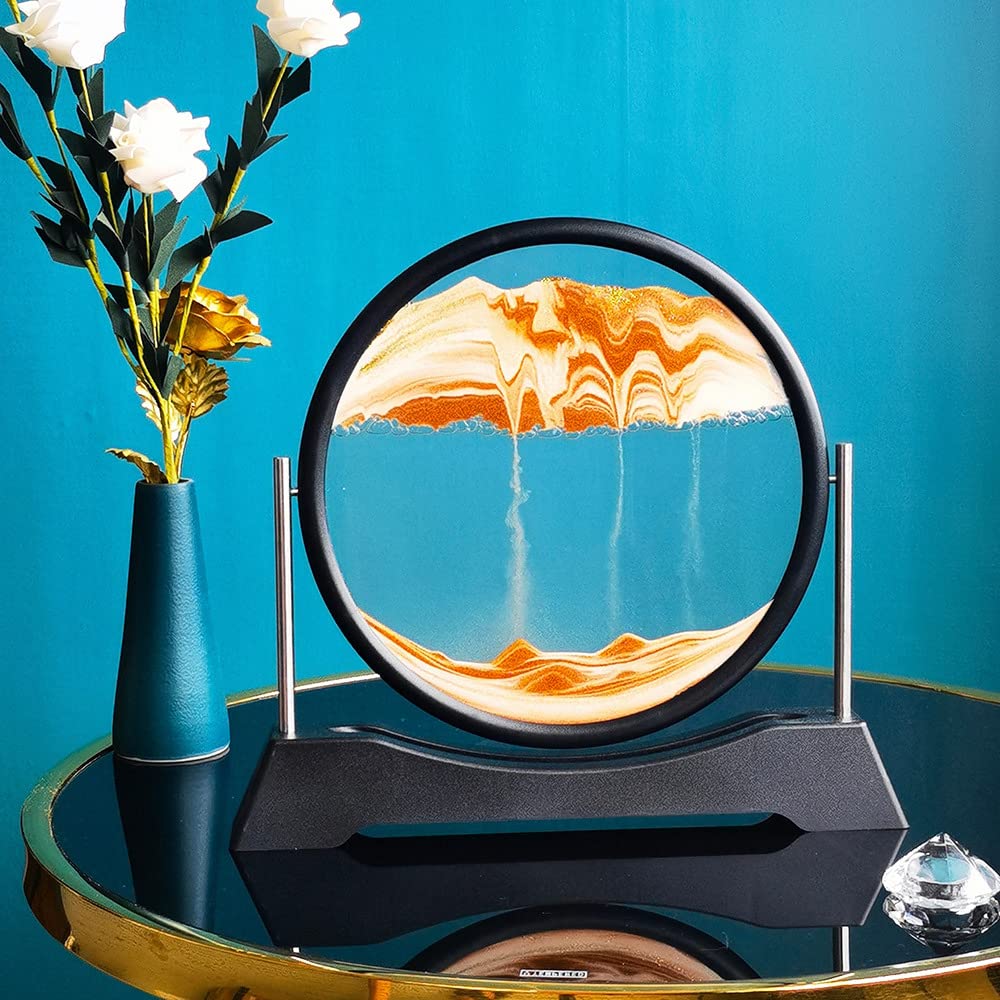 WANLIAN Moving Sand Art Picture Decor, 3D Deep Sea Sandscape Liquid Motion, Round Glass Frame Display Flowing Sand,Relaxing Home and Office