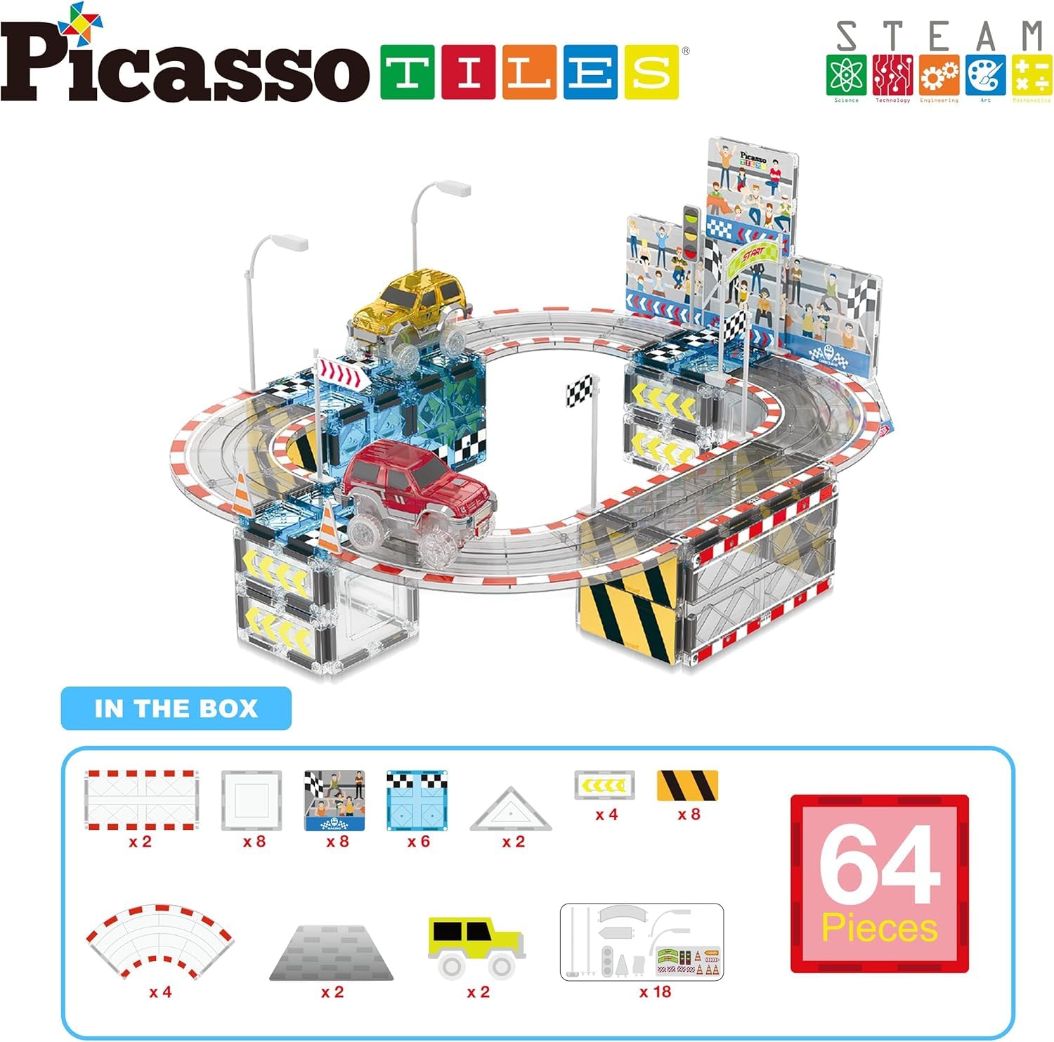 PicassoTiles Magnetic Tile Race Car Track Building Set with 2 Trucks Street Signs Stadium Accessories Construction Toy for Kids Age 3 Plus STEAM
