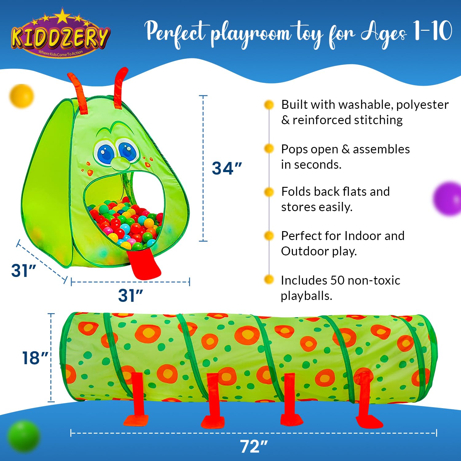 Kiddey Caterpillar Kids Play Tunnel and Tent with 50 Balls 2 Pc. Crawl Through Baby Ball Pit Pop up for Toddler and Babies, Indoor & Outdoor Jungle