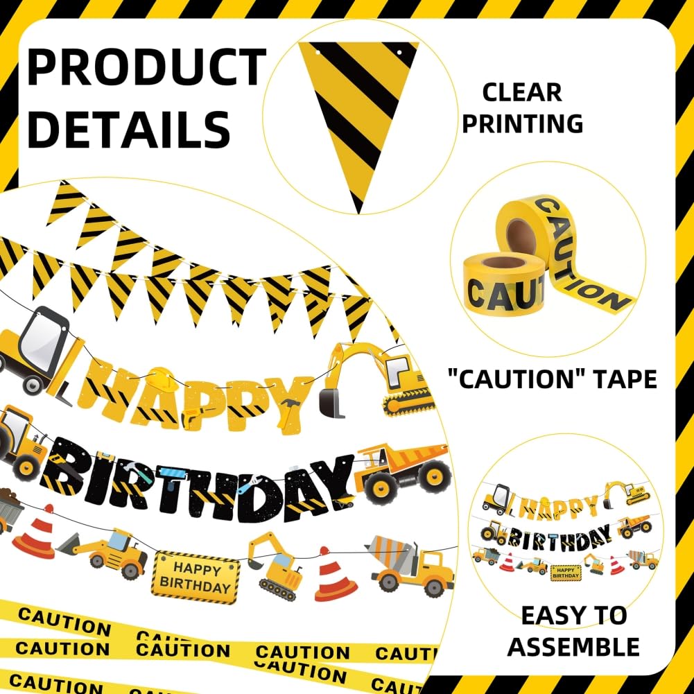 Construction Party Supplies Dump Truck Party Decorations Set with caution tape, construction pennant flags, Happy Birthday Banner, Vehicle Banner