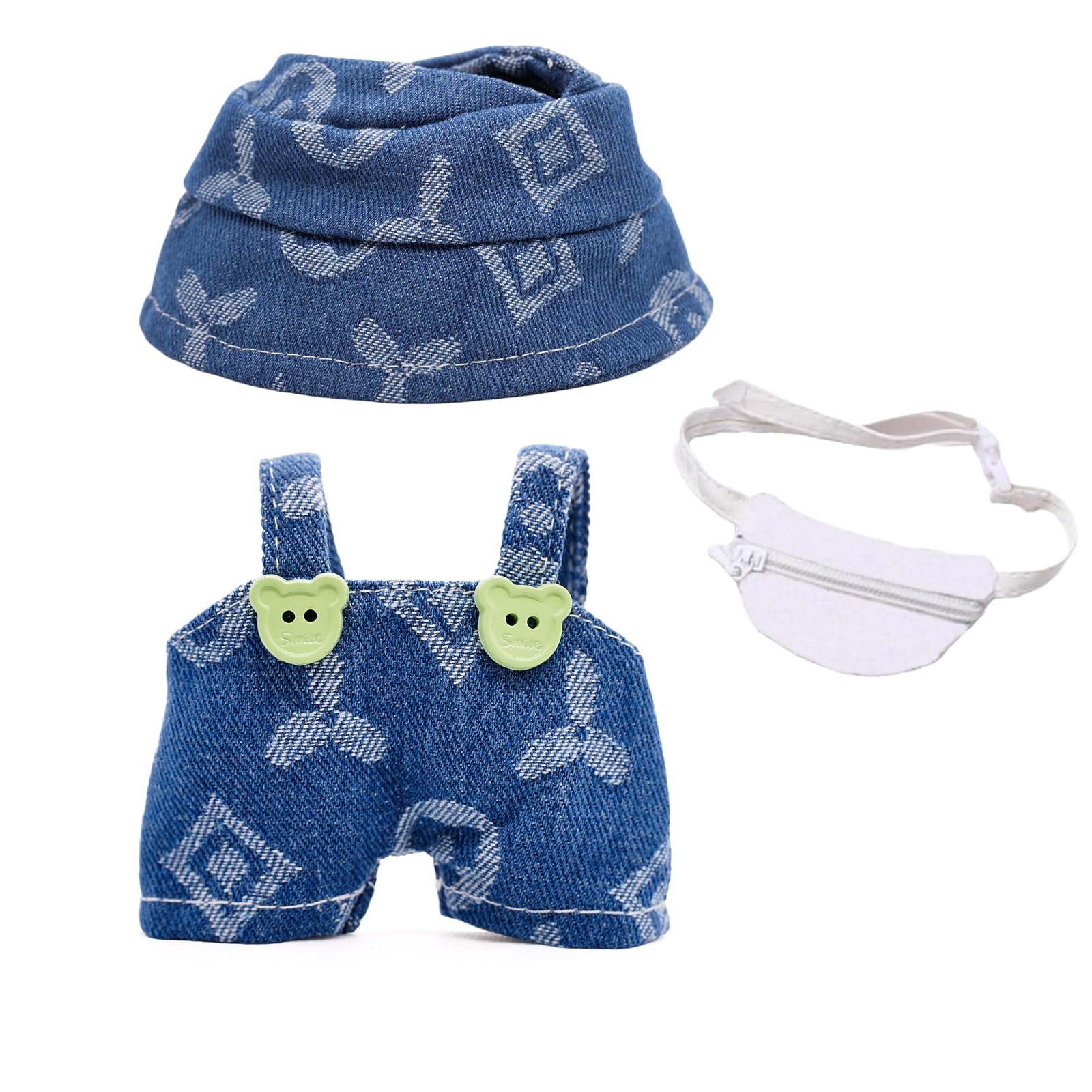 LYBHYQTII Doll Clothes Compatible with Labubu 17cm 3 Piece Denim Set Including a Blue Rompers, White Bag, Hat - Cowboy Stylish Adorable Premium Outfit