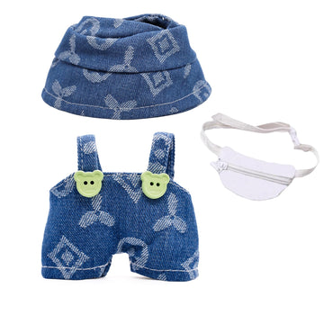 LYBHYQTII Doll Clothes Compatible with Labubu 17cm 3 Piece Denim Set Including a Blue Rompers, White Bag, Hat - Cowboy Stylish Adorable Premium Outfit