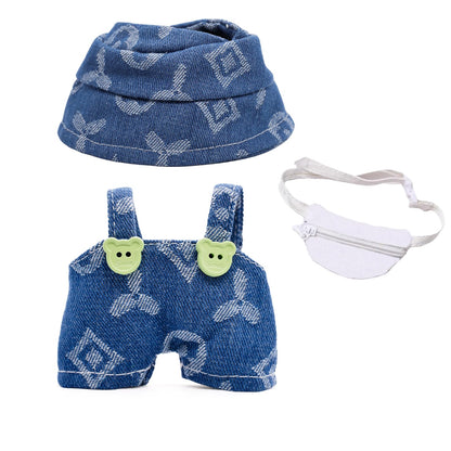 LYBHYQTII Doll Clothes Compatible with Labubu 17cm 3 Piece Denim Set Including a Blue Rompers, White Bag, Hat - Cowboy Stylish Adorable Premium Outfit
