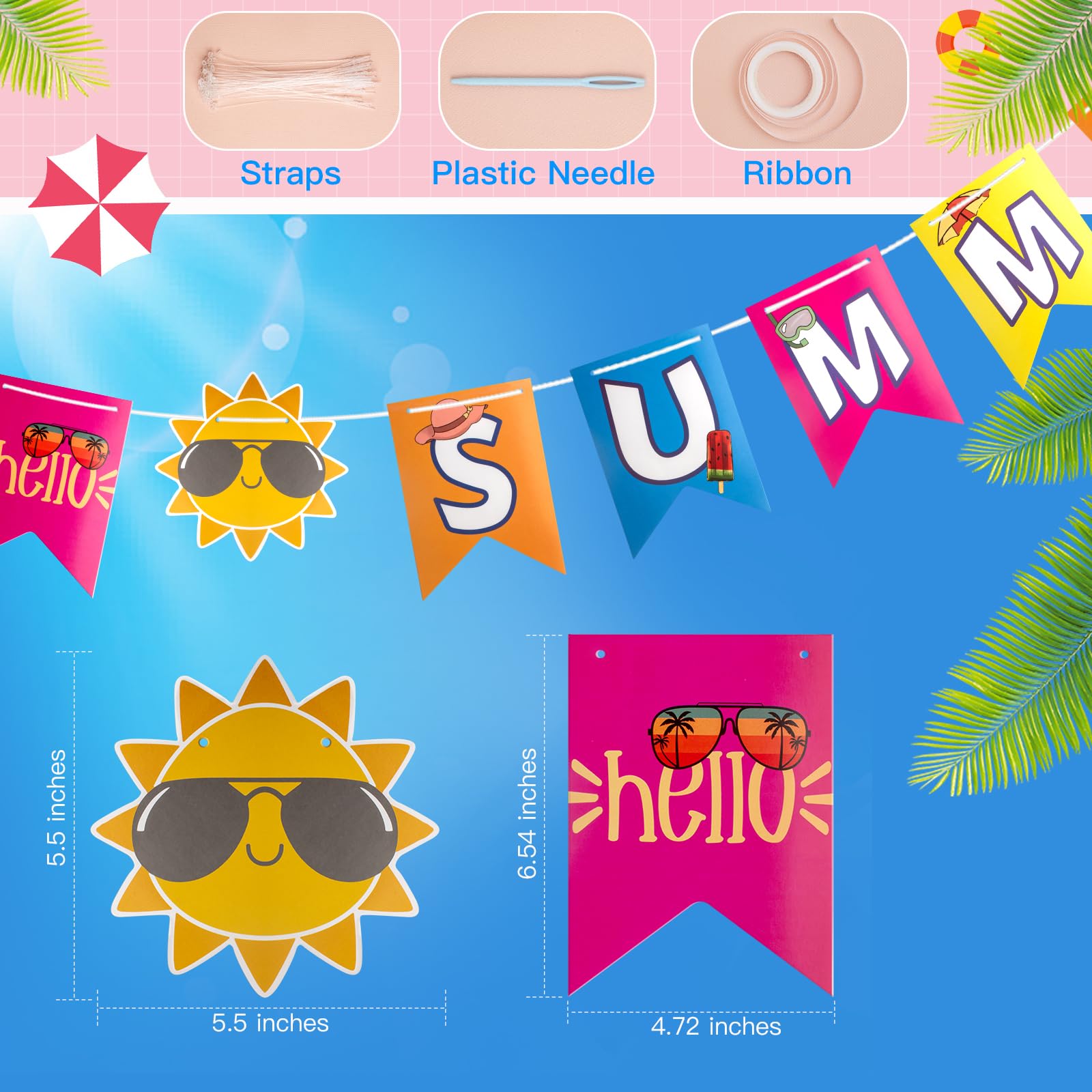 AUZRUI Summer Party Decorations - 65 Pieces Beach & Pool Party Supplies, Hello Summer Banner, Hanging Swirls, Streamers, and Beach Theme Decorations
