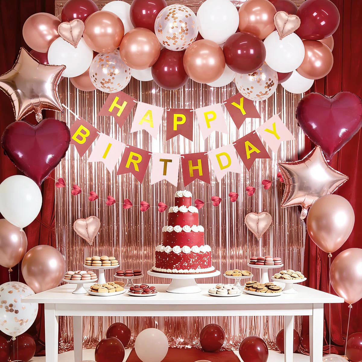 MSMANCY Burgundy Birthday Decorations for Women with Happy Bithday Banner, Curtains, Burgundy Heart Balloons for 16th 18th 21st 30th 40th 50th 60th