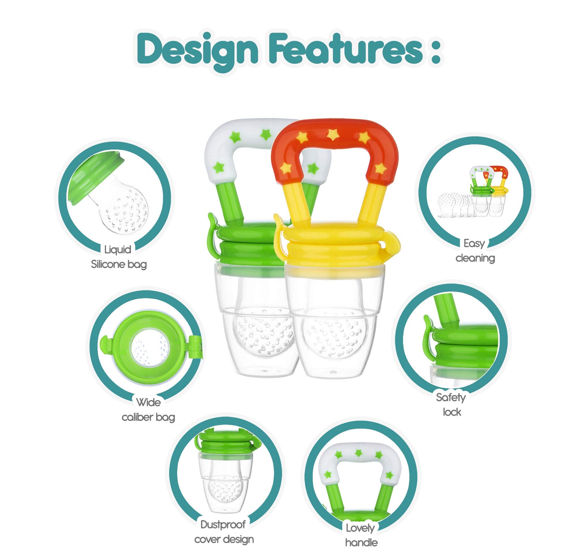 Baby Fruit Feeder Pacifier (2 Pack), Fresh Food Feeding Teether for Toddler, BPA Free, Soothing Gum Relief, Infant Silicone Teething Toy, Includes All