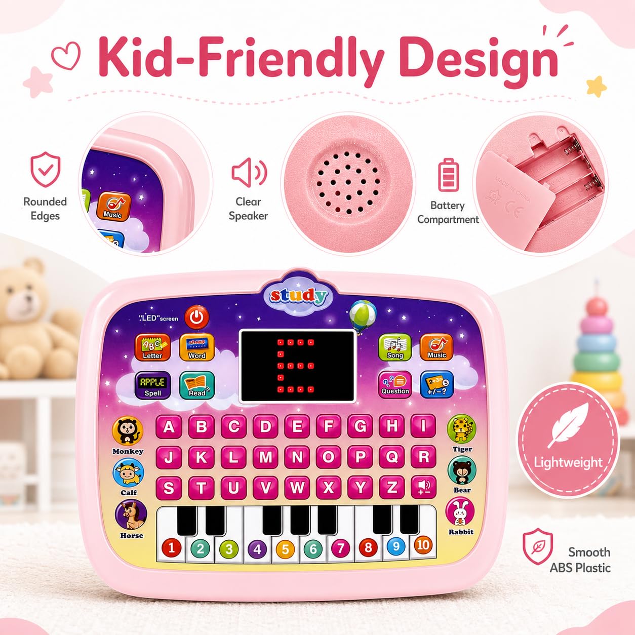 STOULKD Toddler Learning Tablet for 1 2 3 Year Old, ABC Spelling & Speech Learning Toy with Piano Keys, Music Educational Toy, Portable Travel Gift
