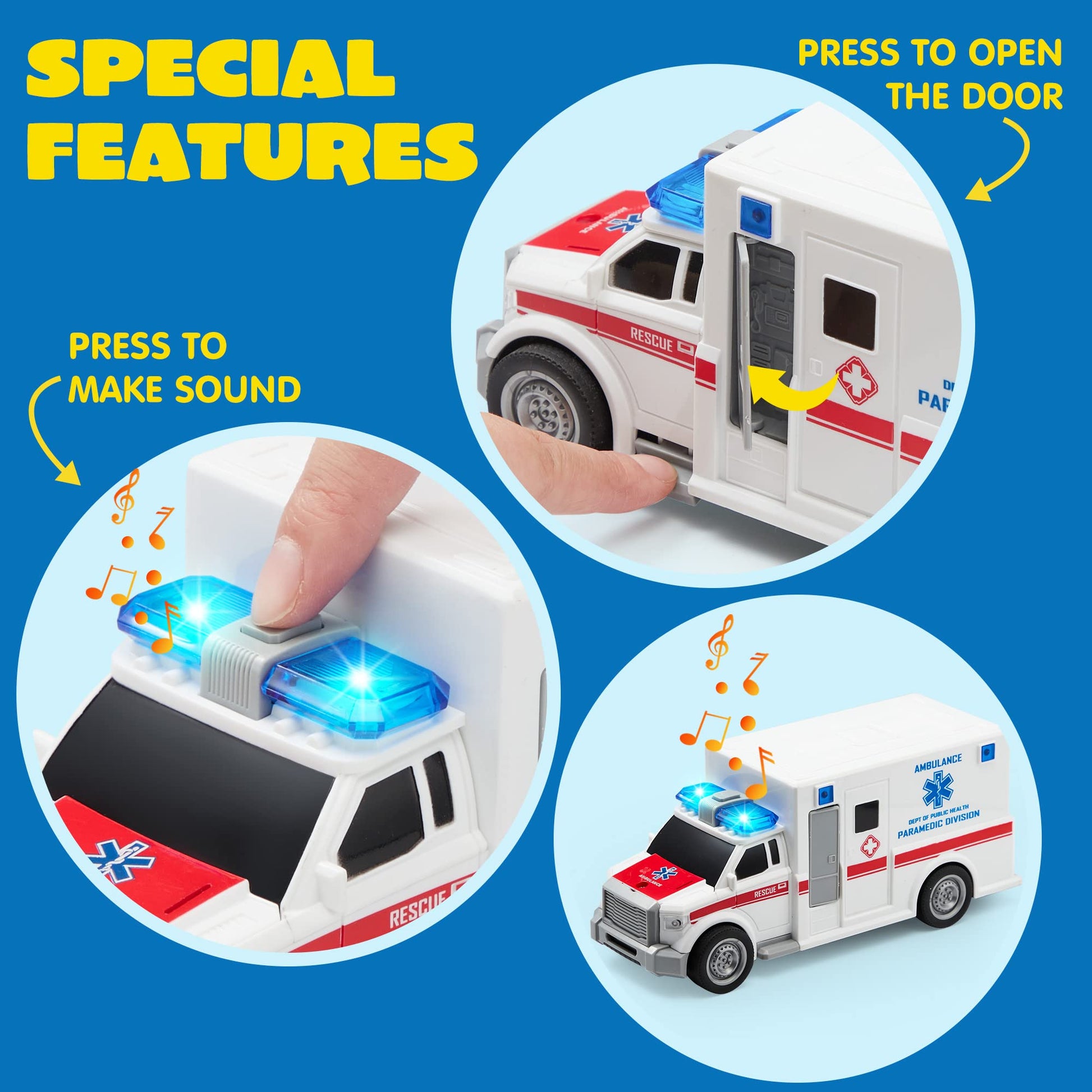 JOYIN 4 Packs Emergency Vehicle Toy Playsets, Friction Powered Vehicles with Light and Sound, Including Fire Truck, Ambulance, Play Police Car