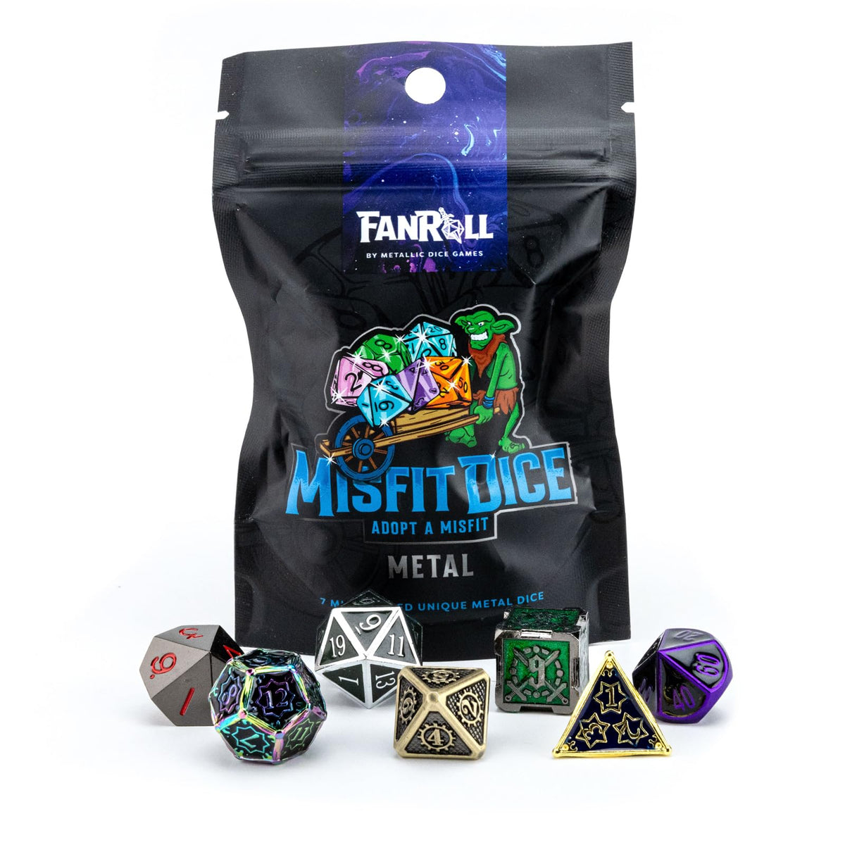 FanRoll Mystery Misfit Metals: Bag of 7 Assorted Polyhedral 16mm Metal Dice