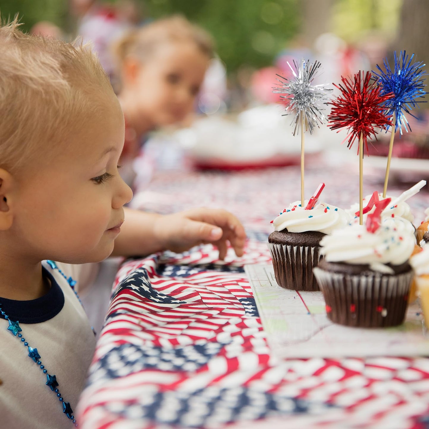 30PCS Cupcake Toppers,4th of July Foil Firework Toothpick,Independence Day Patriotic Cake Fruit Decorations(RED,BLUE,SILVER)