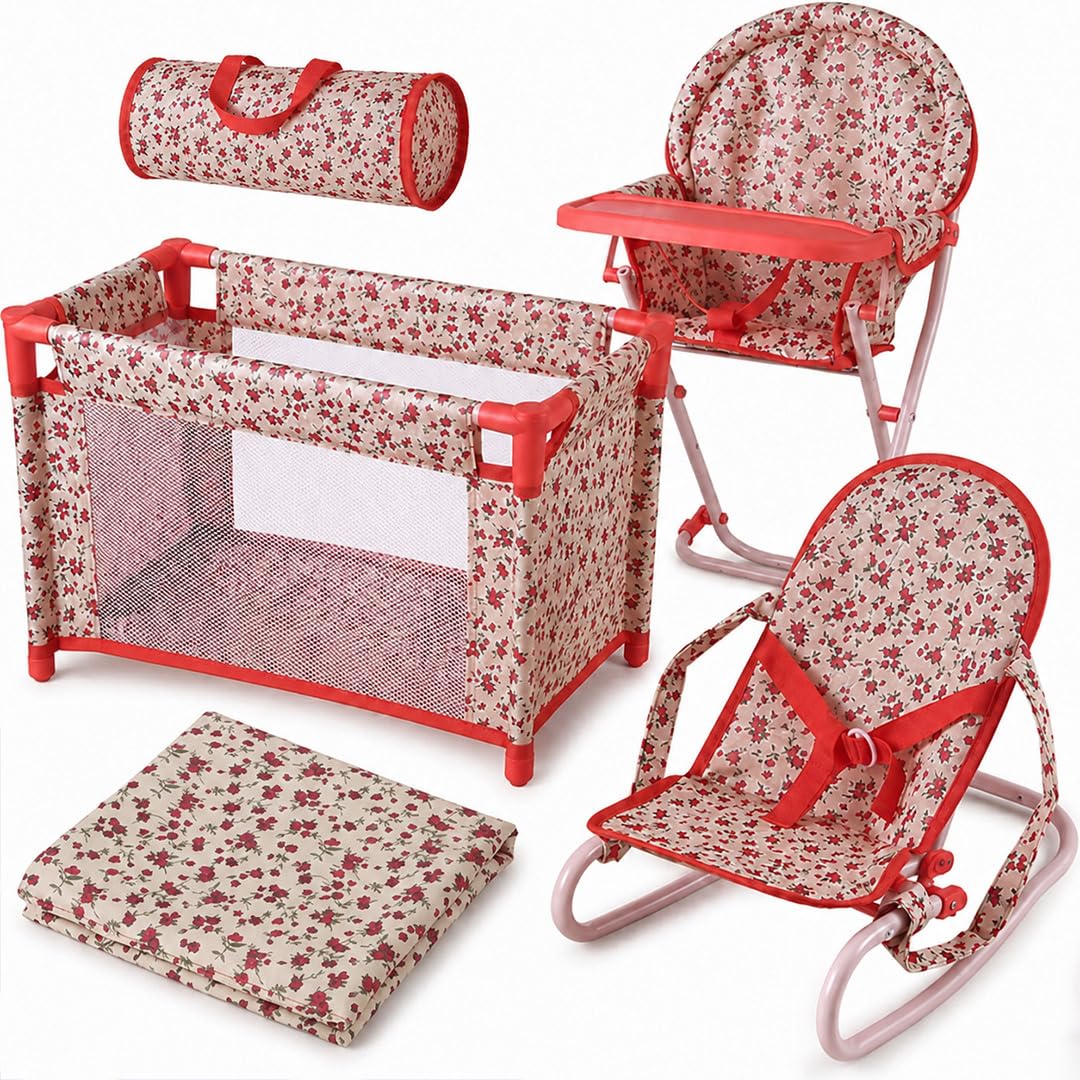 Floral Baby Doll Accessories Set, 3-1 Baby Doll Crib, Baby Doll High Chair & Bouncer Seat. 18 inch Doll Accessories with Doll Bed. 18" Dolls Furniture