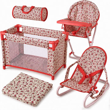 Floral Baby Doll Accessories Set, 3-1 Baby Doll Crib, Baby Doll High Chair & Bouncer Seat. 18 inch Doll Accessories with Doll Bed. 18" Dolls Furniture