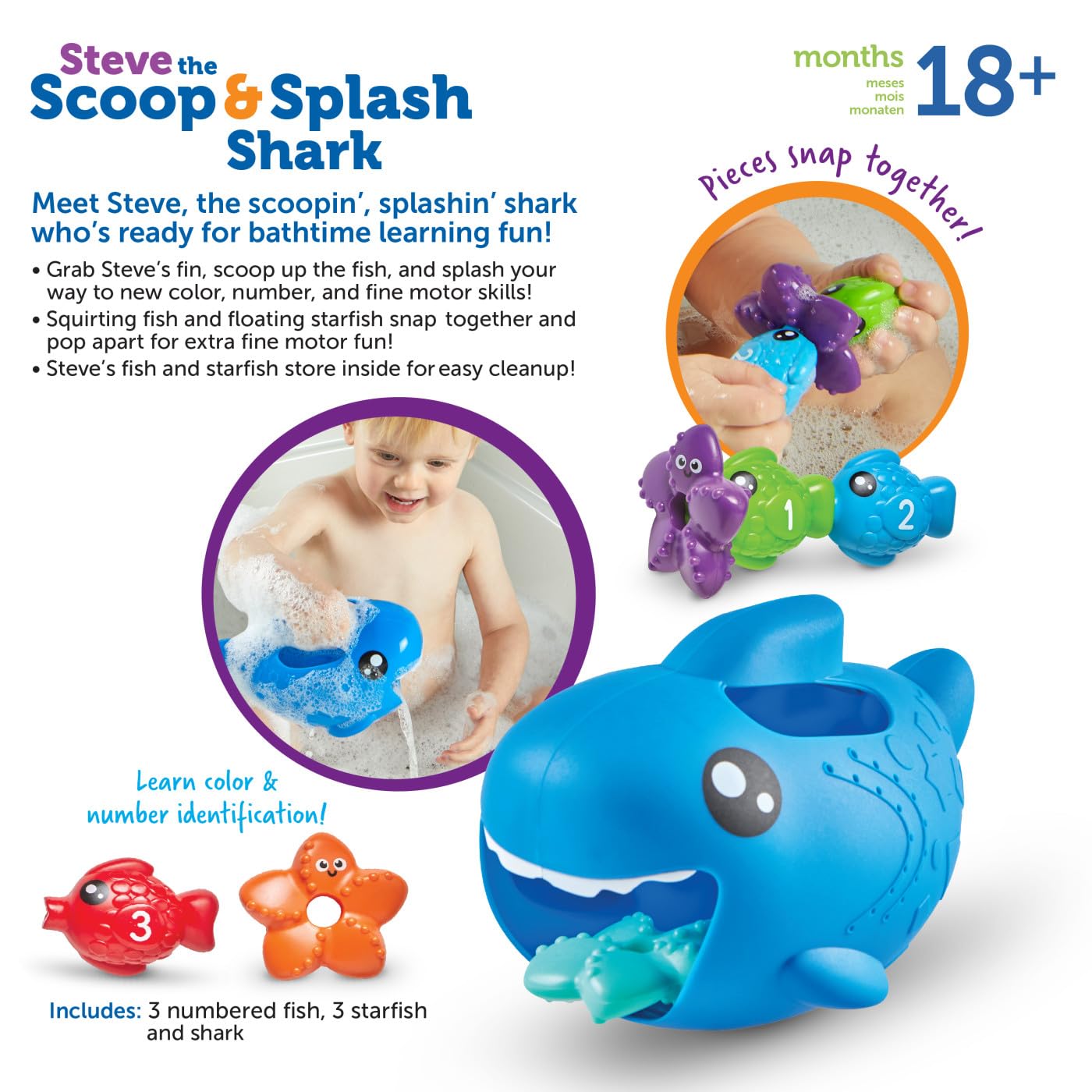 Learning Resources Steve the Scoop & Splash Shark, 7 Pieces, Ages 18 Months+, Toddler Bathtub Toys, Pool Activities for Boys and Girls, Water Games
