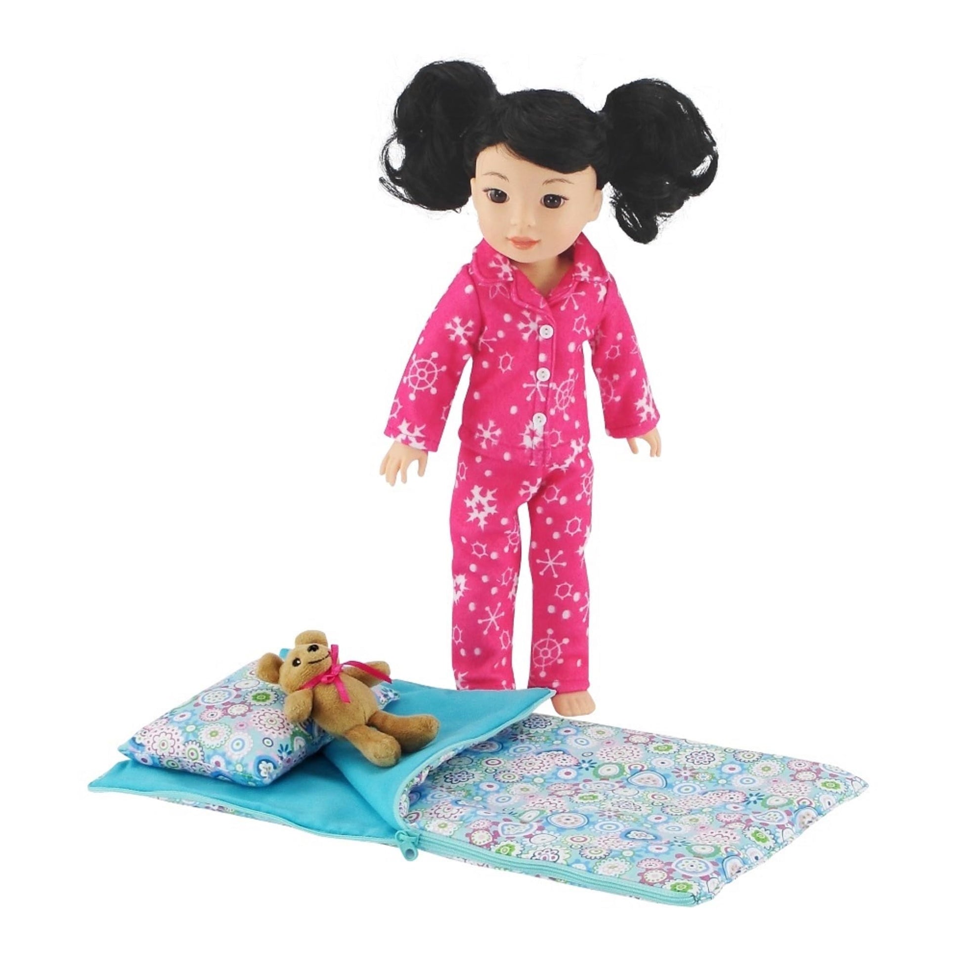 Emily Rose 14 & 14.5 Inch Doll Sleepover Bundle | Snowflake Fleece Pajamas & Reversible Multi-Color Sleeping Bag with Pillow | USA Brand | Gift Boxed