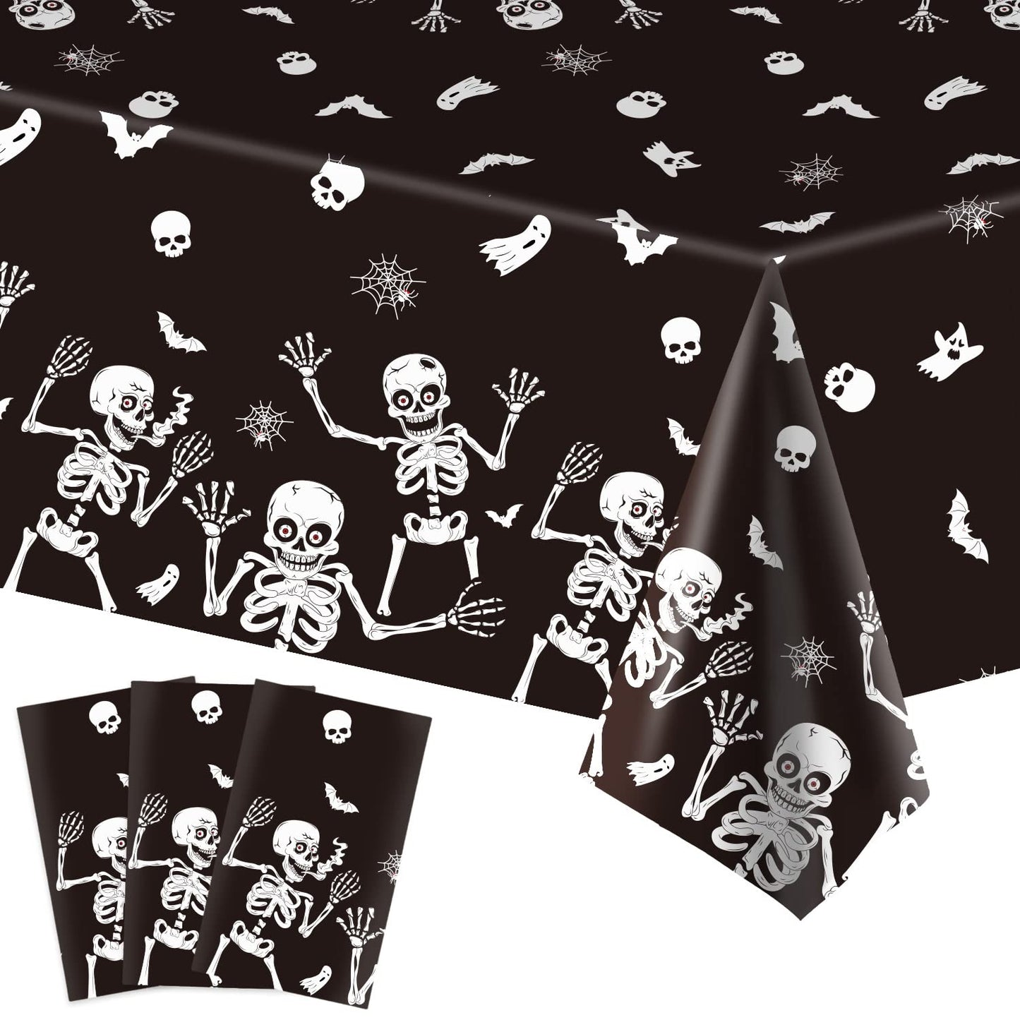 3 Pack Halloween Skeleton Tablecloth, Halloween Tablecloth Party Decorations, Plastic Skull Tablecover Backdrop Background Banner for Haunted House