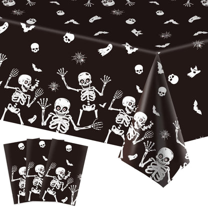 3 Pack Halloween Skeleton Tablecloth, Halloween Tablecloth Party Decorations, Plastic Skull Tablecover Backdrop Background Banner for Haunted House