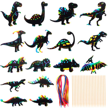 Droutti 64 Sets Dinosaur Theme Scratch Cards Rainbow Scratch Paper Dinosaur Crafts Art Card Kit DIY Scratch Dinosaur Paper with Wood Stylus and Ribbon