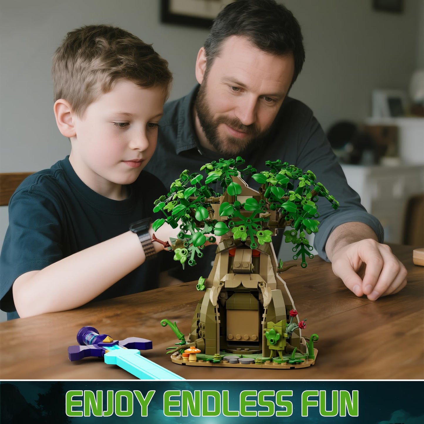 Tree & Sword Building Block Set for Boys, Compatible with Lego Set, Luminous Sword & Coin Toss Game, Magic Tree Game Action Figures Collectible Model