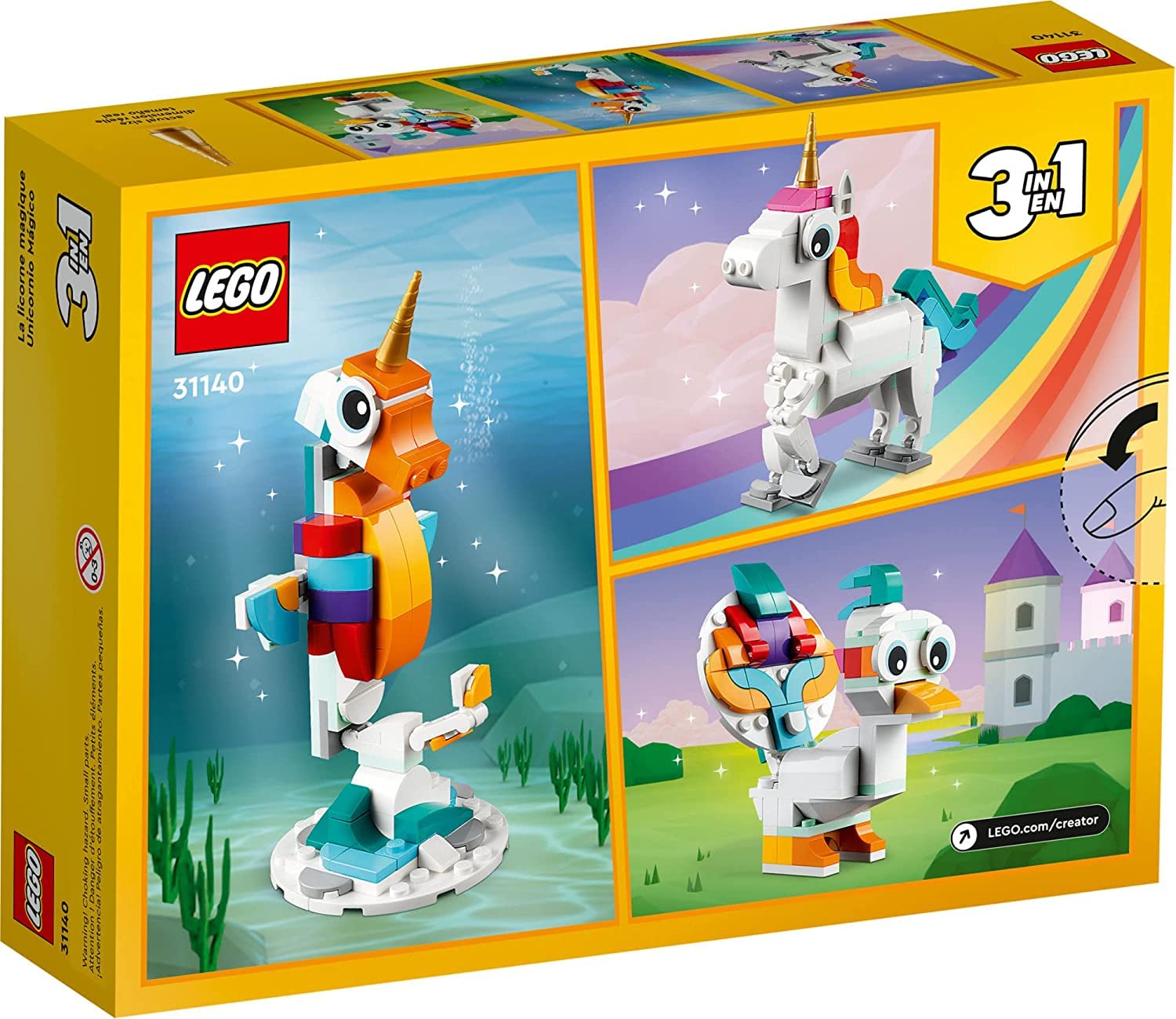 LEGO Creator 3 in 1 Magical Unicorn Toy, Transforms to Seahorse to Peacock, Rainbow Animal Figures, Unicorn Gift for Grandchildren, Girls and Boys